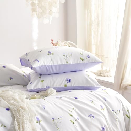Image of Wake In Cloud - Floral Comforter Set, Cottagecore Cute Aesthetic Watercolor Tiny Flowers and Leaves, Soft Lightweight Bedding for Women Teen Girls, 3 Pieces, Purple, Twin /Twin XL Size