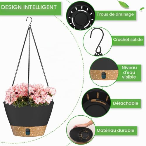Pot de fleurs suspendu avec niveau d'eau visible et drainage ZMTECH - 3