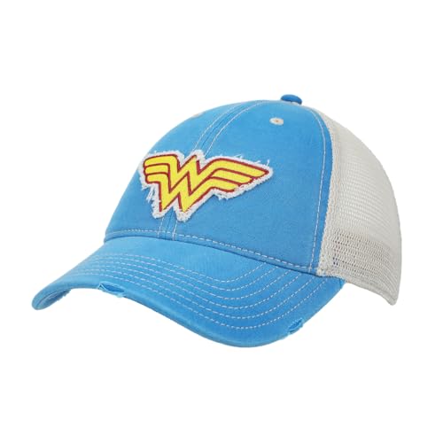 Bioworld Wonder Woman Logo Women's Blue Washed Distressed Cut Fabric Unstructured Baseball Cap