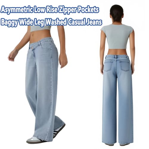 Asymmetric Low Rise Zipper Pockets Baggy Wide Leg Washed Casual Jeans Crossover Wide Straight Leg Denim Pants3