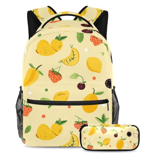 Ensemble de cartable sac à dos et trousse multicolore motif fruits jaunes