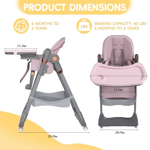 Image of Foldable Baby High Chair with Removable Double Tray & Storage Basket, High Chairs for Babies and Toddlers,5 Height Levels,3 Backrest & Footrest Positions,Removable Double Tray,Lockable Wheels (Pink)