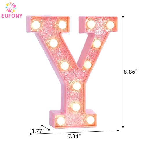 Image of Pink Marquee Light Up Letters, Glitter Alphabet LED Letter Lights for Pink Birthday Party Decorations, Battery Operated Letter Sign for Girls Room Vanity Table Decor, Warm White Lights Letter Y