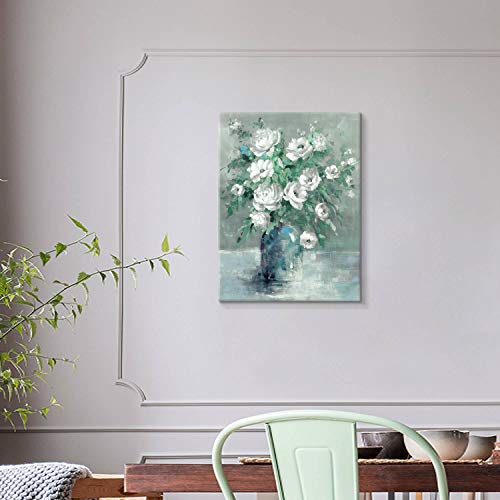 Utop-Art Floral Canvas Wall Art Painting: White Rose Flower With Green Leaves Hand-Painted Texture Picture Artwork For Bathroom (18'' X 24'' X 1 Panel) #TOP6