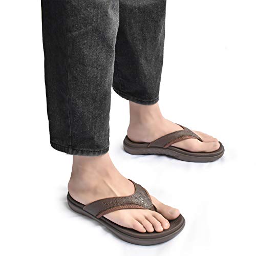 KuaiLu Mens Leather Sport Flip Flops Comfort Orthotic Thong Sandals