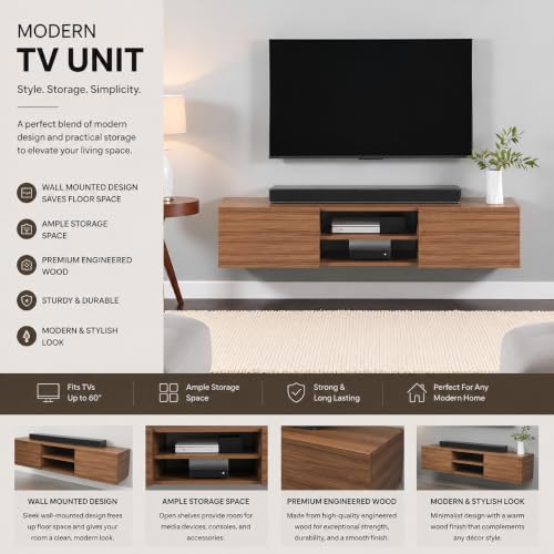 Image of FURNEASER Sasia Modern Wall Mounted TV Unit for 32 /42 /55 Inch TV | Floating Entertainment Unit with Storage | Engineered Wood TV Cabinet for Living Room | TV Stand with Doors (Exotic Teak)