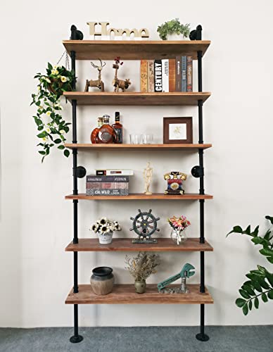 Anynice 6 Tier Industrial Ladder Pipe Shelf Bookcase, Rustic Wall Mounted Pipe Bookshelves For Decor And Storage #TOP14