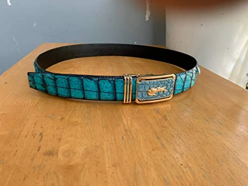 Genuine Crocodile Alligator Leather Skin Patina Paint Belt Buckle For Men, Handmade Men's Belt, Gift For Him (Blue Sky, Size 44) #TOP2