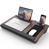 Potuopy Lap Desk - Up to 17” Laptop Tray with Wrist Rest, Portable Handle, Fixed Mouse Pad, Tablet & Phone Slots, Laptop Lap Desk with Cushion (Dark Brown)
