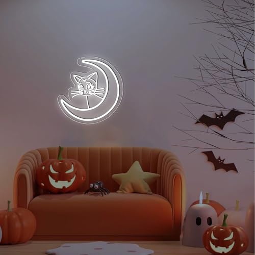 Image of ENUOLI LED Cat Neon Signs,Cute Cat Neon Lamps Dimmable Cool White Moon Shaped Neon Lights USB Powered Cat Night Light Wall Decor for Cat Cafe Bedroom Living Room Birthday Gift for Friends