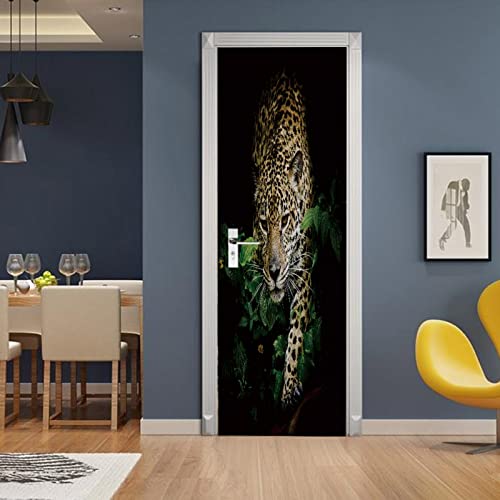 A.monamour 3D Door Stickers For Interior Doors Jaguar Walking In The Forest Animal Portrait Vinyl Removable Self Adhesive Door Poster Wallpaper Mural Decals For Bedroom Office Bathroom 95 X 215 Cm #TOP4