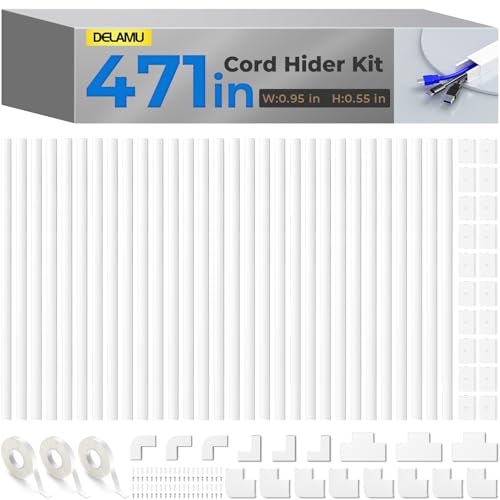 Delamu Cord Hider, 471in Total Cord Covers for Wires on Wall, Paintable Cable Cover for Wall Mounted TV, Easy Install Cable Raceways to Hide 2-3 Cords, 30 Pack, Each 15.7"L x 0.95"W x 0.55"H, White