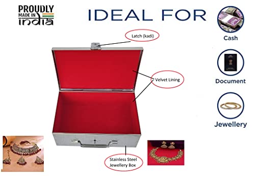 Image of Stainless Steel Storage Box, Cash Box, Pooja Peti, Organizer, Vanity Storage Box, Jewellery Safe Bank Locker, Cash Box With Handicrafts Digital Meena Kari Design (Red, 9 Inch)