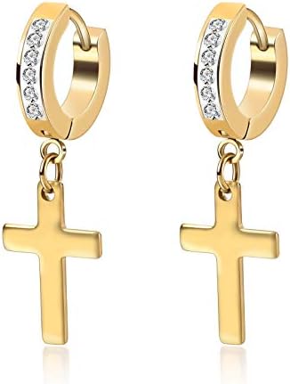 QGOLIVER Cross Earrings for Men Stainless Steel Cubic Zircon Hinged Hip Hop Jewelry Dangle Huggie Hoop Earrings for Women,Gold Tone