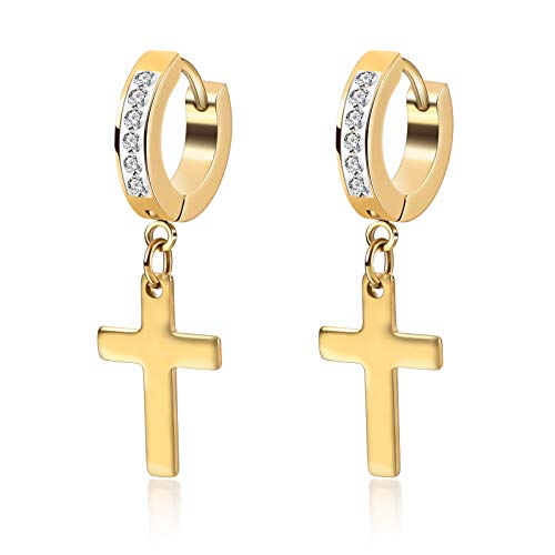 Qgoliver Cross Earrings For Men Stainless Steel Cubic Zircon Hinged Hip Hop Jewelry Dangle Huggie Hoop Earrings For Women,Gold Tone #TOP24