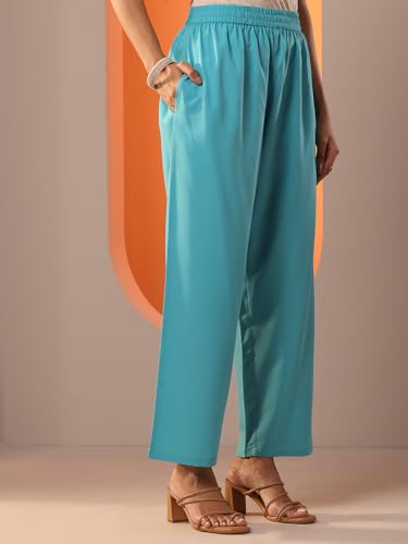 Image of Libas Blue Printed Chinon Straight fit Kurta set for Women | daily wear suit
