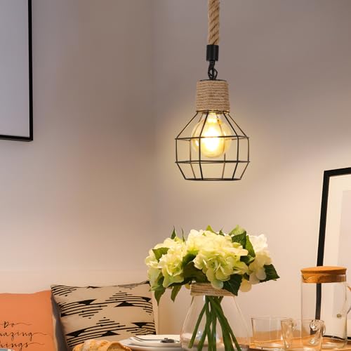 Riserva Lámpara Colgante Retro Industrial, E27 Lamparas de Techo Cuerda de Cáñamo Salon, Iluminación Colgante Ajustable En Altura para Dormitorio, Cocina, Restaurante, Bar, Cafetería (15x20CM)