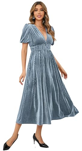 R.Vivimos Women's Fall Winter Velvet Dress Puff Sleeve Sexy Deep V Neck Elastic High Waist A-Line Elegant Casual Midi Dress (Medium, Dusty Blue)