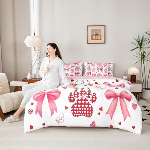 Image of Pink Bow Bedding Sets 7 Pcs Queen Watercolor Grid Bowknot Girly Comforter Set Pink Red Heart Kiss Leopard Paw Print All Season Comforter Flat Sheet Fitted Sheet 2 Pillowcases 2 Throw Pillow Covers