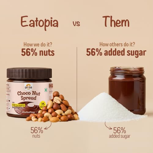 Image of Eatopia Choco Nut Spread 360g | 56% Nuts - Almond, Hazelnut, Peanut, Cashew | No Refined Sugar | Made with Honey & Jaggery | 20% Protein | Rich Cocoa | No Added Preservatives | Healthy Chocolate Spread