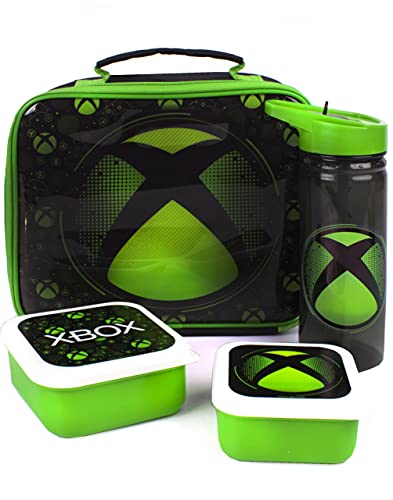 Xbox Lunch Bag | 4 Piece Dinner Bag, BPA Free Water Bottle & 2 Snack Pots | Black Green Gamer Food Container One Size