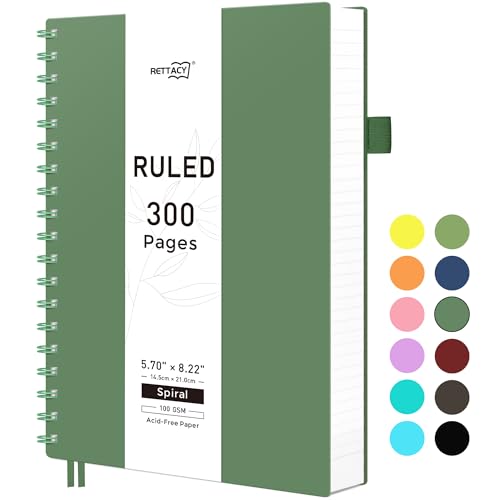 RETTACY A5 Notebook, Notepad, Wirebound Spiral Notebooks 300Pages /150 Sheets for Writing,100gsm College-Ruled Paper, Retro PVC Cover, for Women Men Work Office School,14.5 x 21cm - Dark Green