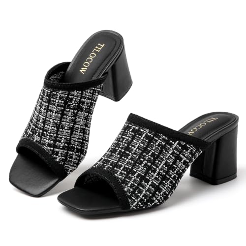 Image of Tilocow Knit Heeled Sandals for Women Square Open Toe Heeled Mules Chunky Block Low Heel Slip On Slides