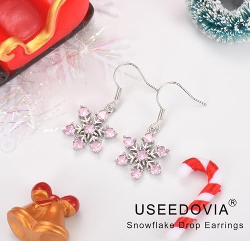 Sterling Silver Snowflake Dangle Earrings for Women Grils | Hypoallergenic Drop Dangle White/Blue/Pink Cubic Zirconia Earrings Jewelry Gifts for Christmas Xmas Party, whti Gift Box