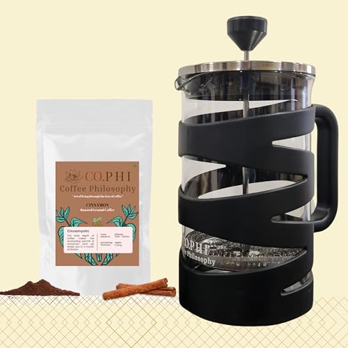 Image of CO.PHI French Press Coffee Maker, 800ml German Borosilicate Glass Carafe, Stainless Steel Filter, Ergonomic Handle, Black Spiral Design with 100 gms Cinnamystic Ground Coffee