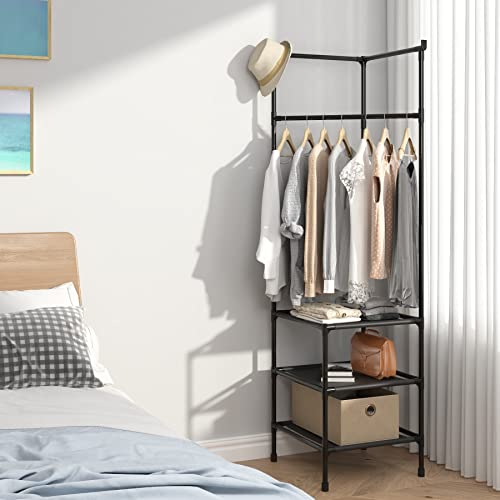 Moyipin Coat Rack Freestanding Closet Organizer,Simple Hall Tree With 3 Storage Shelves, Corner Storage Organizer, For Entryway, Bedroom, Black #TOP3