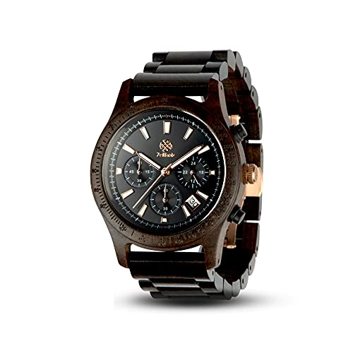 Zeitholz Holzuhr Herren, für Herren, Armbanduhr, Chronograph, Neue Bergen, Analog, 42mm, 100% Naturholz mit Japanischem Quarzwerk. (Black) Cover