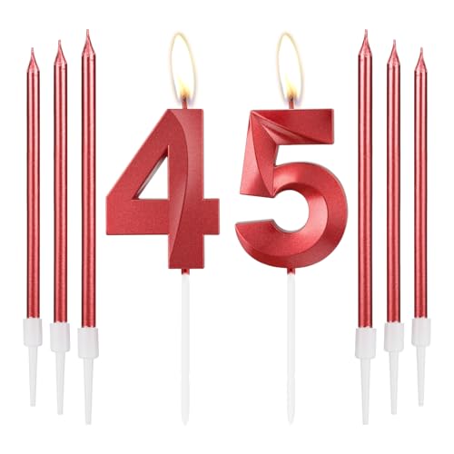 Support de gâteau en cire rouge pour fille avec bougie chiffre 45 en relief 3D