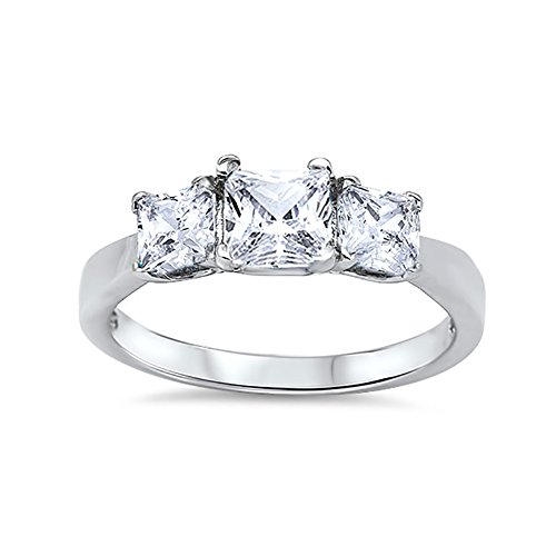 Blue Apple Co. Three Stone Engagement Ring Princess Cut 925 Sterling Silver Choose Color