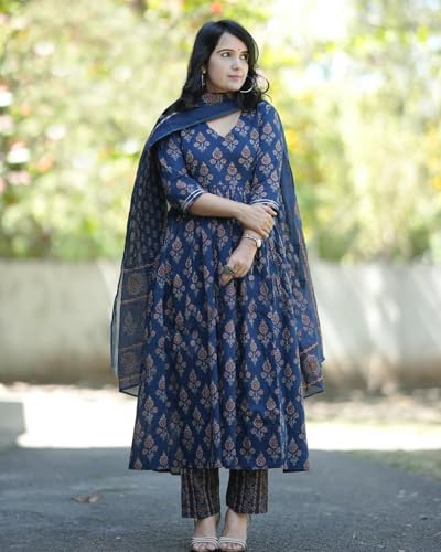 Image of GoSriKi Women's Rayon Blend Printed Anarkali Kurta with Pant & Dupatta