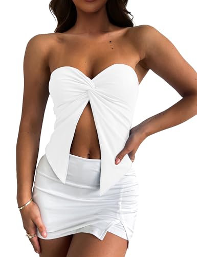 MISSACTIVER Women’s Y2K Sexy Twist Front Tube Top Strapless Sleeveless Solid Cut-Out Midriff Crop Tops Tank Top(Small,White)