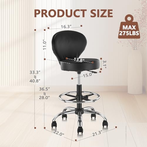 Image of KLASIKA PVC Faux Leather Drafting Chair Rolling Swivel Salon Stool Seat Adjustable Height 30 Inch with Back Support Foot Rest Hydraulic Wide Seat Diameter 15 in for Tattoo Beauty Barber Lash