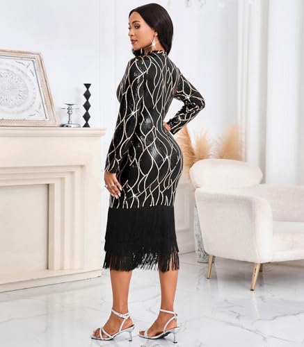 Image of Cololura Sexy Elegant Women Sequin Long Sleeve Tassel Bodycon Midi Dress Party Evening Gown Formal Dress