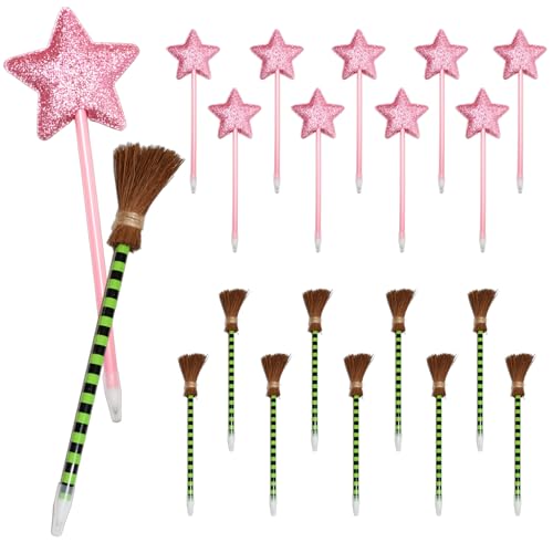 WethunGeo 20 Pack Wicked Party Favors,10 Princess Wand Pink and 10 Witch Broom Green Stripes Pens,Wicked Birthday Party Decorations,Wicked Themed Party Favors