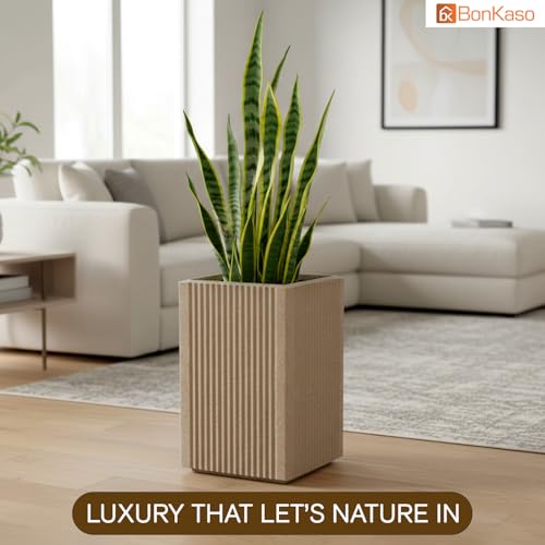 Image of BonKaso 18 Inch Rolex Tower Planter for Indoor & Outdoor Use | Tall Square Heavy Duty Polymer Flower Pot | Weather Resistant Modern Planter for Living Room, Balcony, Terrace & Office Decor (Beige)