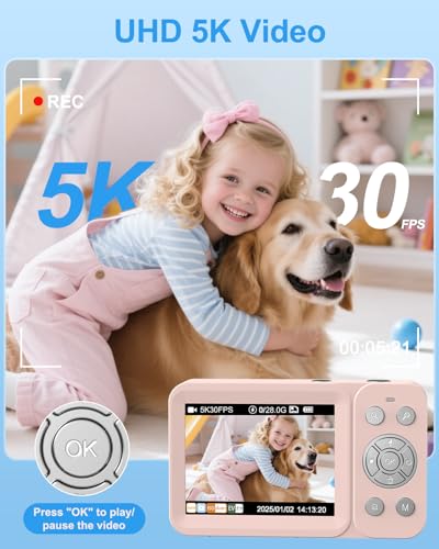 Image of 5K Digital Camera, 80MP Dual Screen Autofocus Vlogging Camera, 18X Zoom Point and Shoot Camera for Photography, Flash, 32GB Card, 2 Batteries, Compact Camera for Teens Adults (Pink)