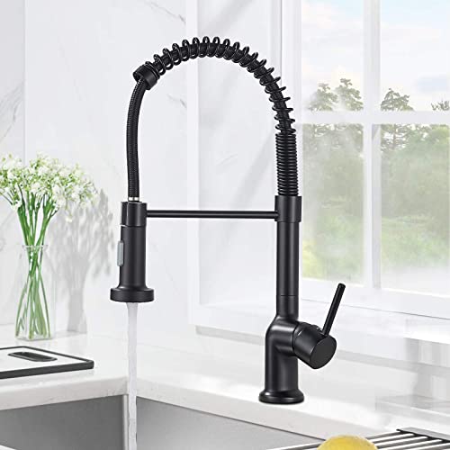 Robinet mitigeur pour évier de cuisine avec pulvérisateur extractible - Noir mat - Poignée simple - Ressort à trou unique - 2 modes de pulvérisation - Robinet d'évier - Laiton massif Cover