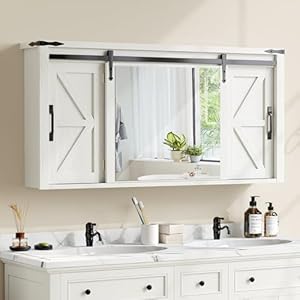 DWVO Bathroom Medicine Cabinet with Mirror, Large Wall Cabinet w/Rustic Sliding Barn Door, Farmhouse Mirrored Medicine Cabinet Bathroom Storage Cabinet Organizer with Adjustable Shelf, 47" White Oak DWVO Bathroom Medicine Cabinet with Mirror Large Wall Cabinet wRustic Sliding Barn Door Farmhouse Mirrored Medicine Cabinet Bathroom Storage Cabinet Organizer with Adjustable Shelf 47 White Oak