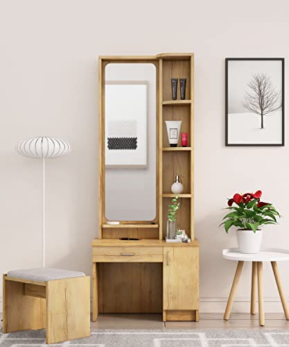 Image of Bniture Wooden Dressing Table For Bedroom With 1 Drawer, Mirror And Huge Storage Space With Stool | Long Dresser Vanity Table With Mirror(40D X 68W X 175H Cm) (Giant Wood), White