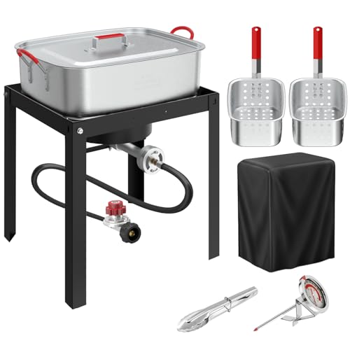 18QT Propane Deep Fryer | Outdoor Fish Fryer with 2 Baskets,Tong, Cover,Lid & Thermometer | Aluminum Deep Fryer with 55,000 BTU Propane Burner - Ideal for Fish, Chicken Wings & Outdoor Gatherings