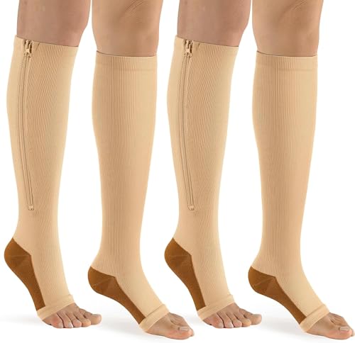 Image of bropite Zipper Compression Socks Women & Men - 2Pairs Calf Knee High 15-20mmHg Open Toe Compression Stocking suit for Walking