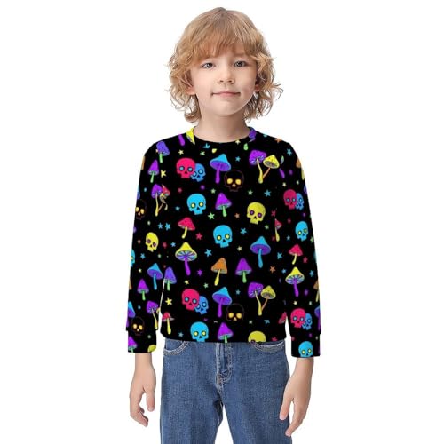 MZERSE Soft Kids Crew Neck Pullover Trippy Mushroom Skull, Long Sleeve Sweatshirt for All Seasons, 8-10Y