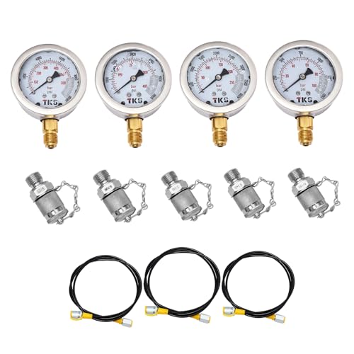 Hydraulic Pressure Test Kit, 4 Gauges 100/250/400/600bar 1500/3750/6000/9000psi, 9 Test Couplings, 3 Test Hoses with Carrying Case for Excavator Construction Machinery