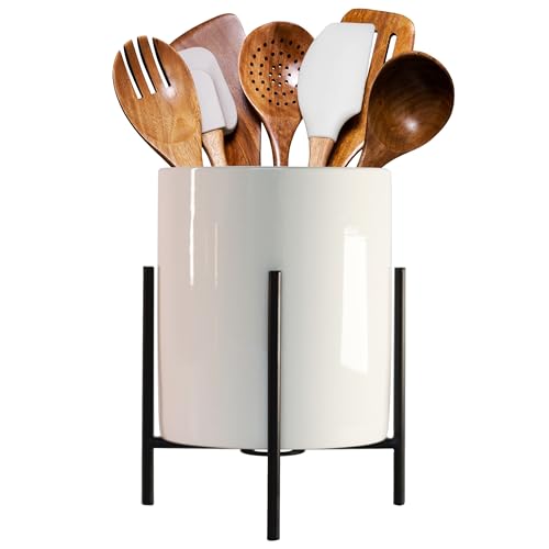 8.8" Black White Utensil Holder,Ceramic Kitchen Utensil Holder for Countertop, Large Cooking Utensil Crocks for Kitchen Counter, Morden Utensil Organizer for Spatula