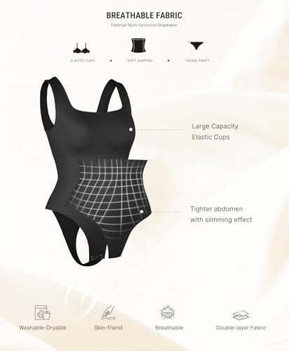 Image of FeelinGirl Bodysuits for Women Seamless Square Neck Tummy Control Compression Thong Shapewear Bodysuit Tank Tops Bodysuit