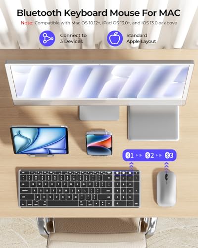 Image of seenda Bluetooth Keyboard and Mouse Combo for Mac, SKM64-2 Rechargeable Silent Wireless Keyboard Mouse Compact Slim, 3 Multi-Device Connection, Compatible for Mac MacBook Pro /Air iPad, Black & Silver
